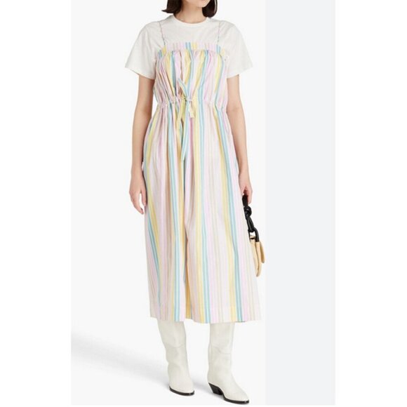 GANNI Organic Cotton Midi Dress Pastel Stripes Dress w Pockets RUNS LIKE M or 8 - Picture 4 of 6